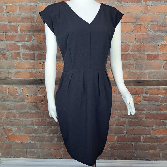 ABS Essentials Sheath Dress Black Career Cocktail Wardrobe Basic V-Neck Sz 8 - Picture 1 of 6